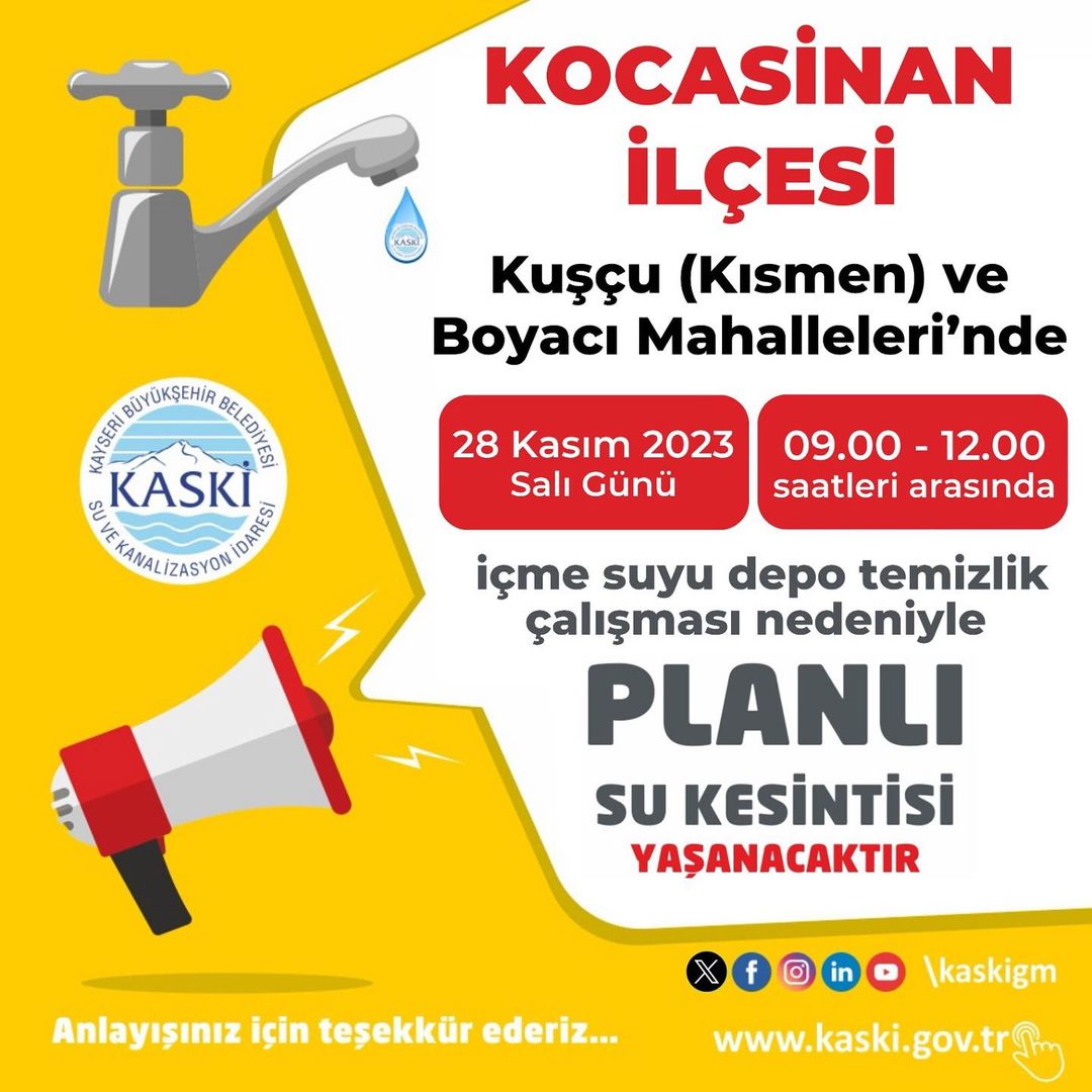 Kocasinan Bölgesinde Planlı Su Kesintisi Uygulanacak