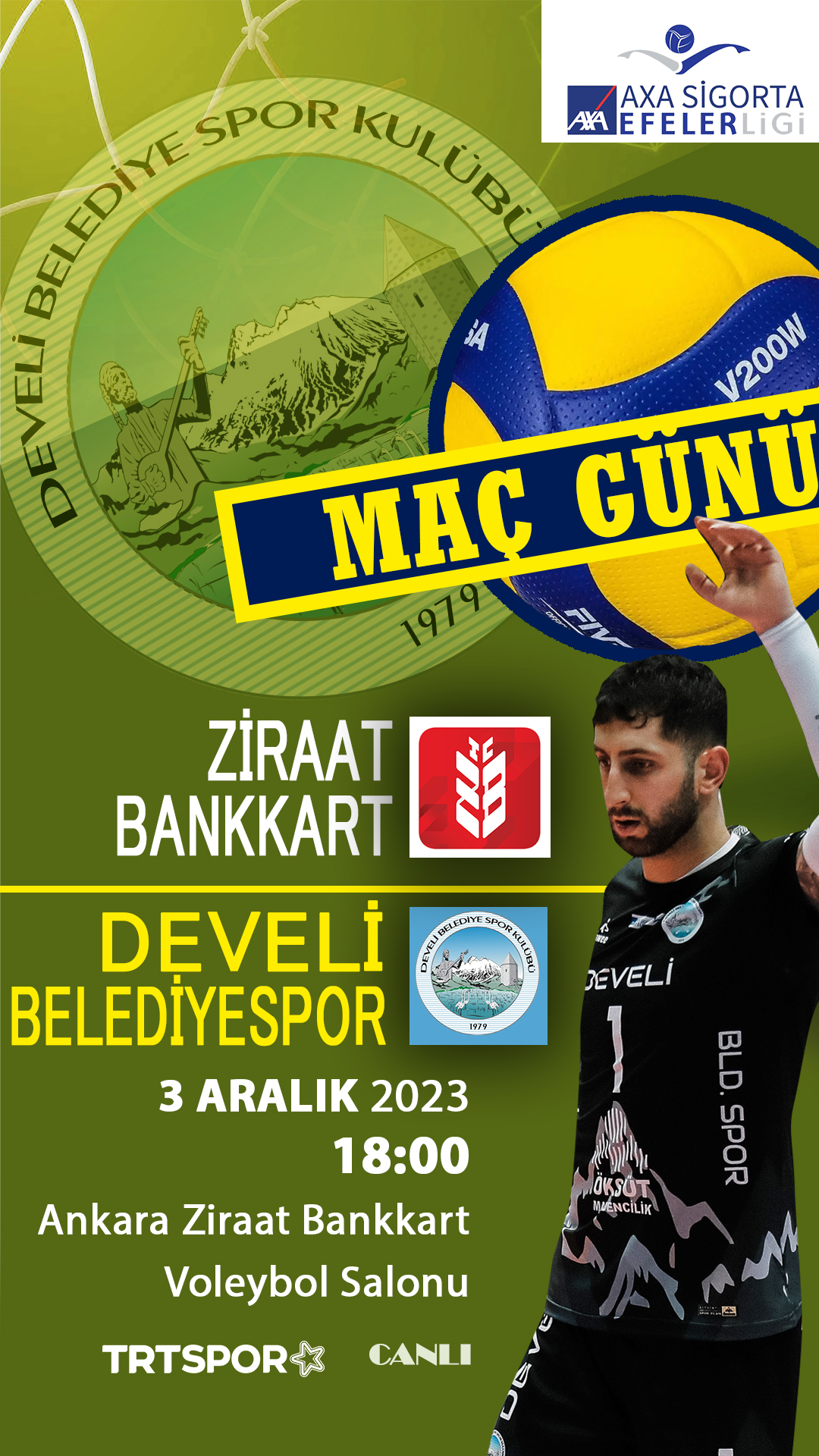 Develi Belediye Spor, AXA Sigorta Efeler Ligi'nde Ziraat Bankkart ile randevuda! Canlı yayın için tıklayın.
