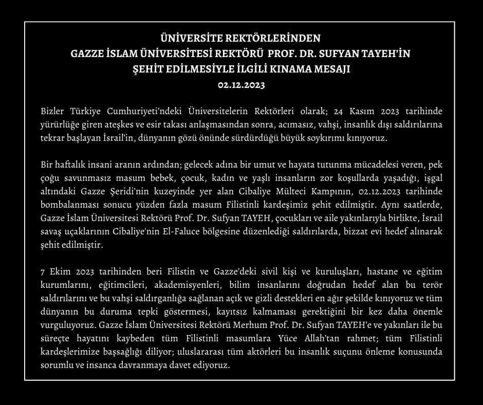 Kayseri Üniversitesi, Gazze İslam Üniversitesi Rektörü Prof. Dr. Sufyan Tayeh'in ölümünü kınadı ve üzüntüsünü paylaştı.