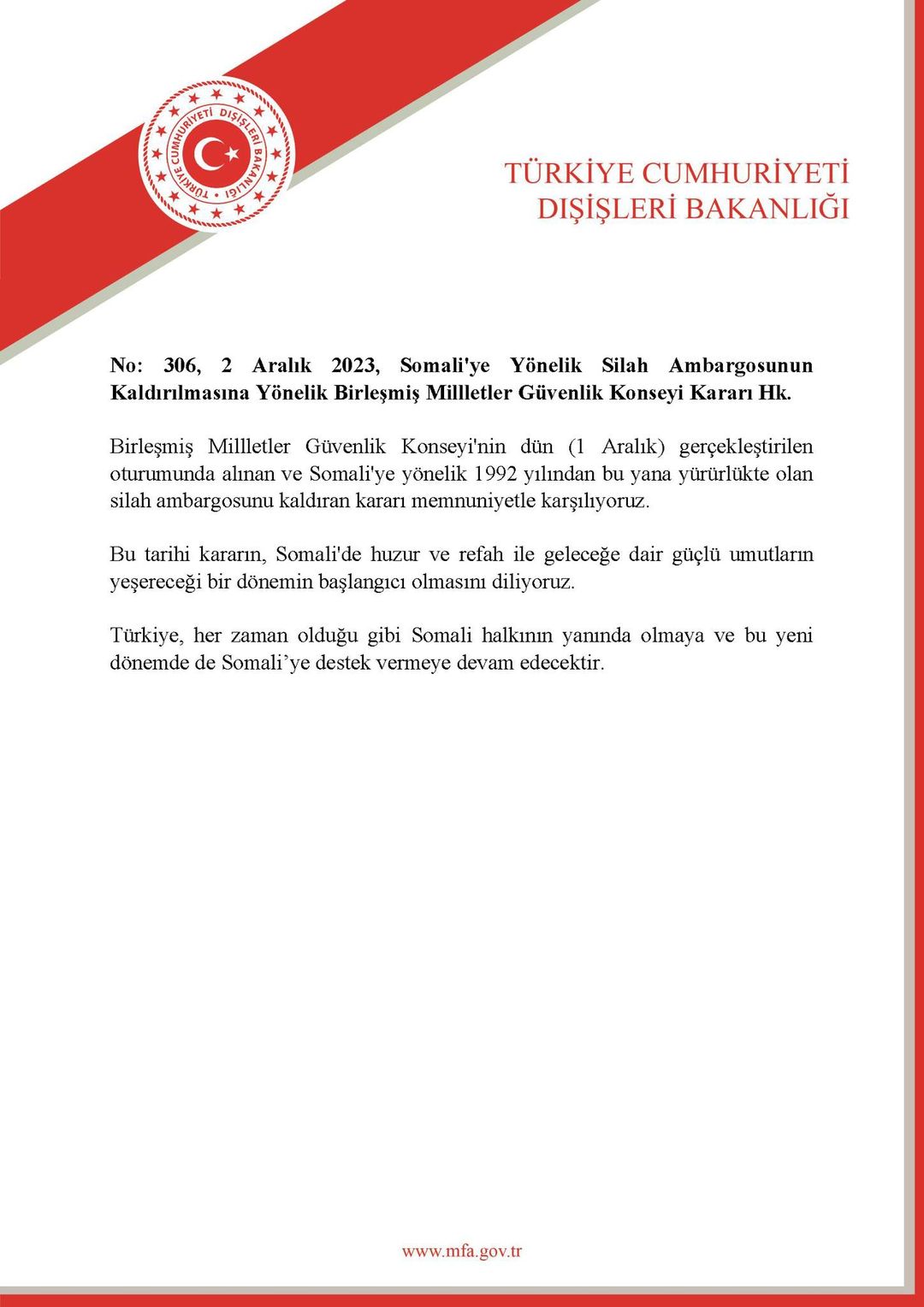 Türkiye, Somali'nin Güvenlik ve İstikrarına Destek Çağrısı Yapıyor