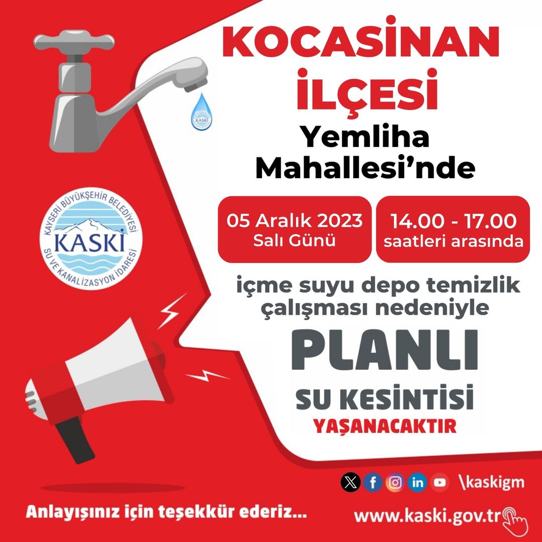 Kocasinan Mahallesinde 5 Aralık'ta Planlı Su Kesintisi yapılacak