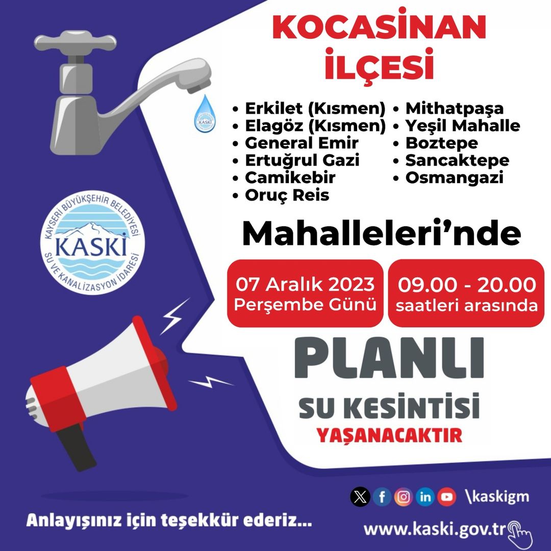Kocasinan İlçesinde Planlı Su Kesintisi Duyurusu