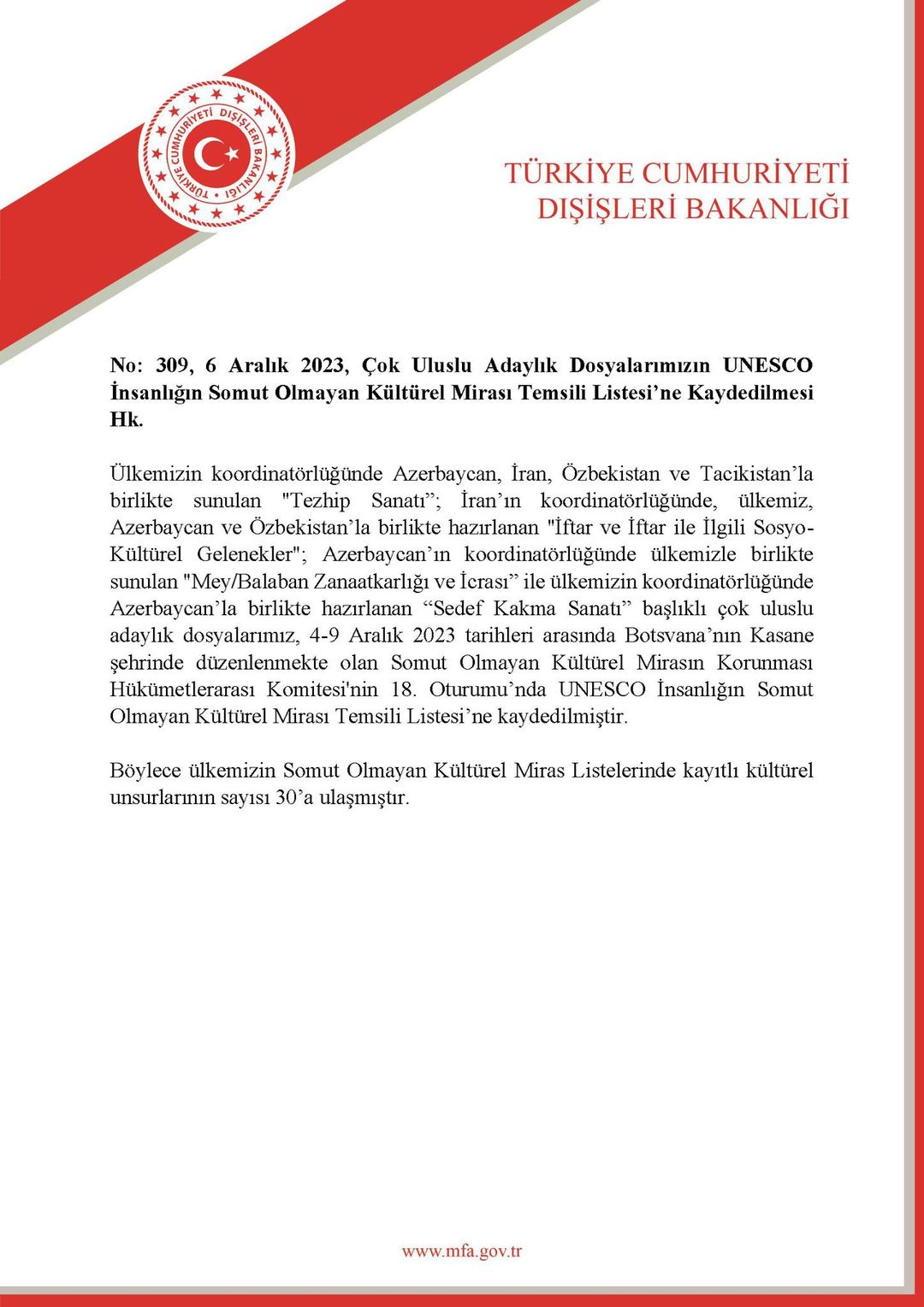 Türkiye, UNESCO Somut Olmayan Kültürel Mirası Listesi'nde yerini koruyor.