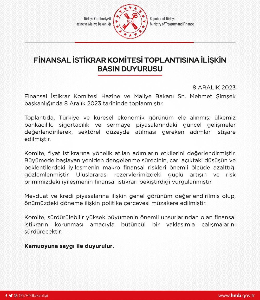 Hazine ve Maliye Bakanlığı, Finansal İstikrar Komitesi Toplantısı Sonuçlarını Açıkladı