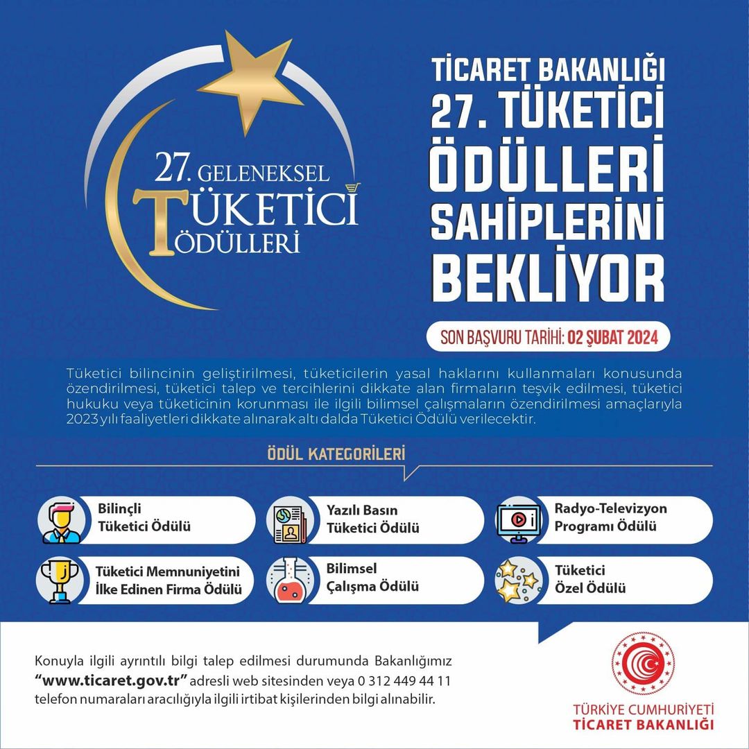 Ticaret Bakanlığı, Tüketici Ödülleri'ni düzenleyerek, tüketici haklarını koruyan ve bilincini arttıran firmaları ödüllendiriyor.