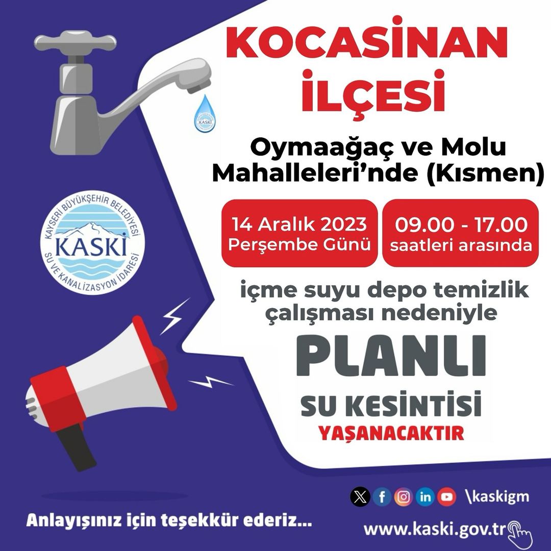 Kocasinan Belediyesi, Oymaağaç ve Molu Mahalleleri'nde Planlı Su Kesintisi Uygulayacak