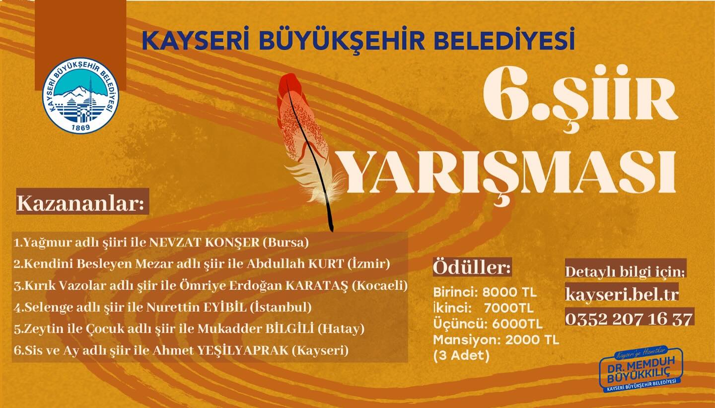 Kayseri Büyükşehir Belediyesi'nin düzenlediği 6. Şiir Yarışması'nda kazananlar belli oldu
