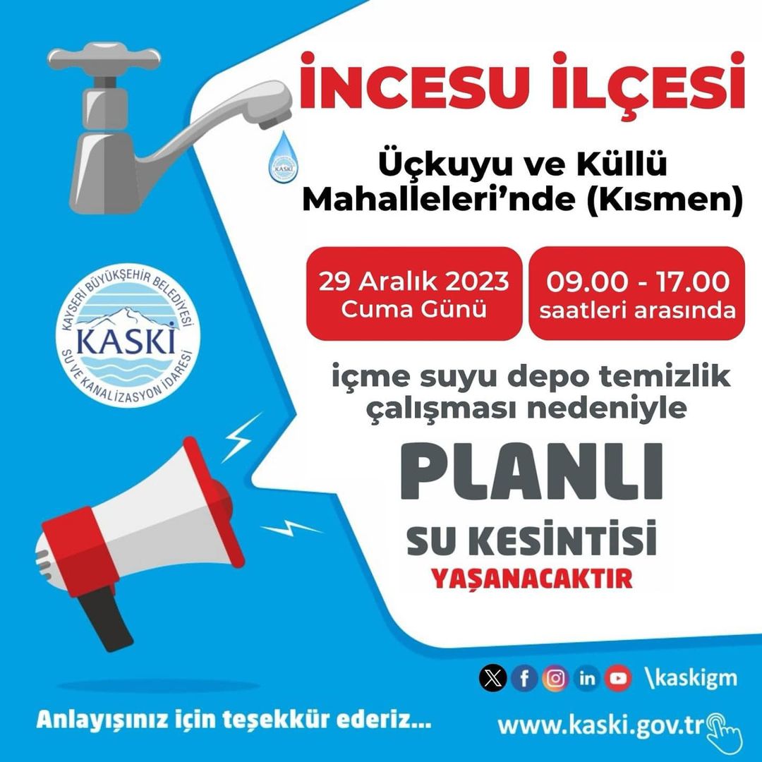 İncesu Belediyesi, Üçkuyu ve Küllü Mahalleleri'nde içme suyu depo temizliği yapacak