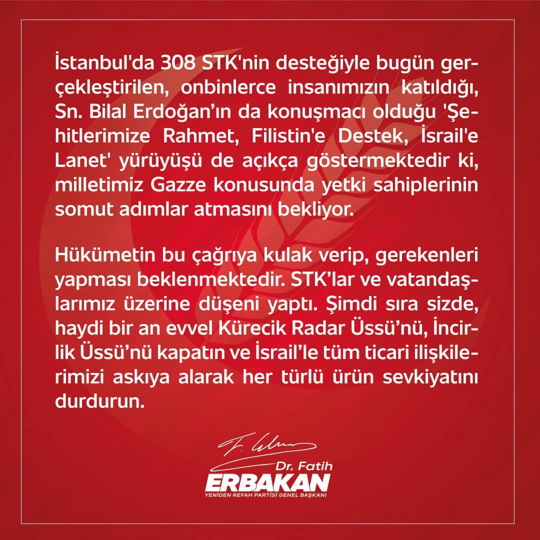 Yeniden Refah Partisi lideri, ABD ve İsrail ilişkilerini sorgulayarak stratejik adımlar atma çağrısı yapıyor.