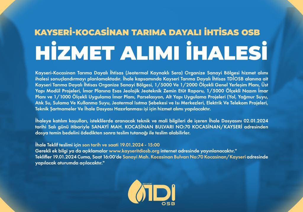 Kayseri'de Jeotermal Kaynaklı Sera Organize Sanayi Bölgesi'nde ihale süreci başlıyor