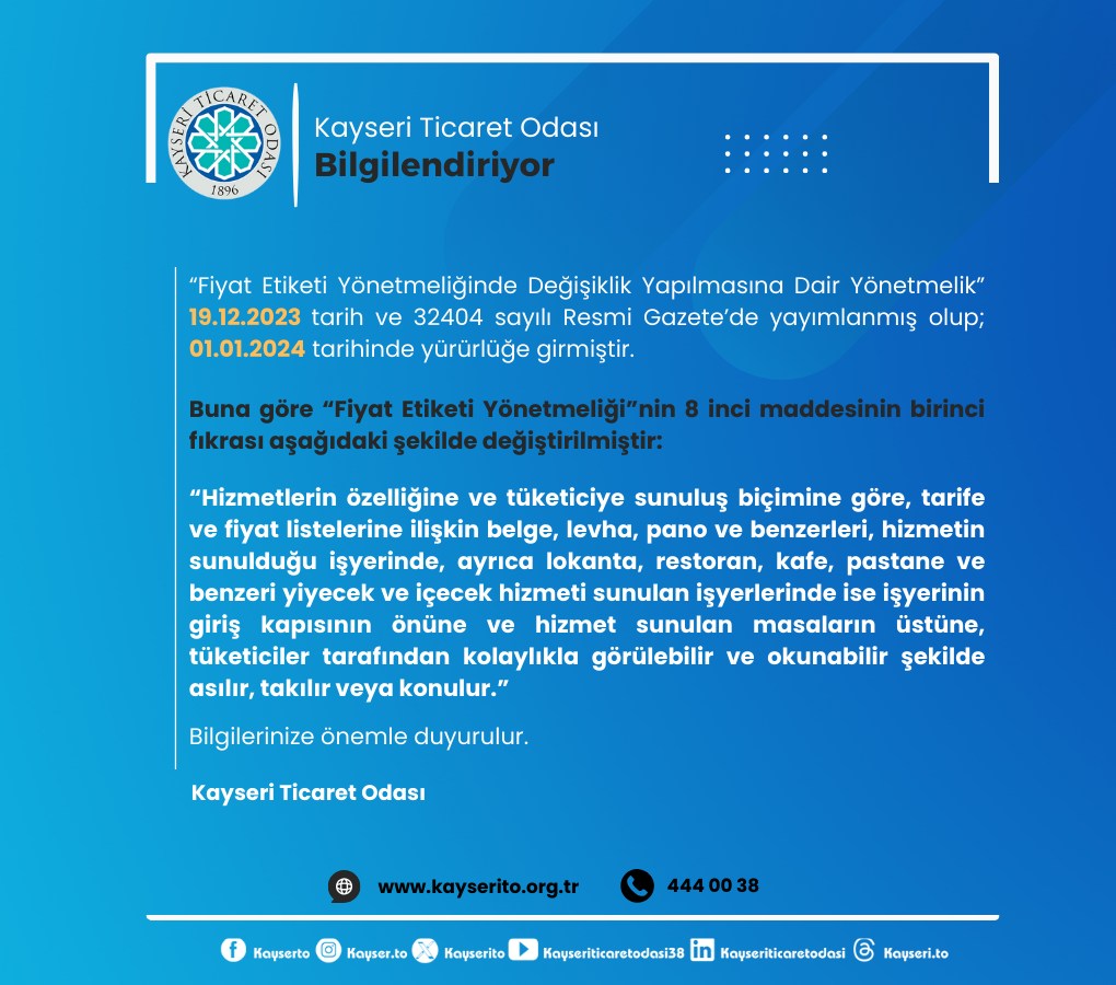 Kayseri Ticaret Odası, Fiyat Etiketi Yönetmeliği'ndeki değişikliği duyurdu