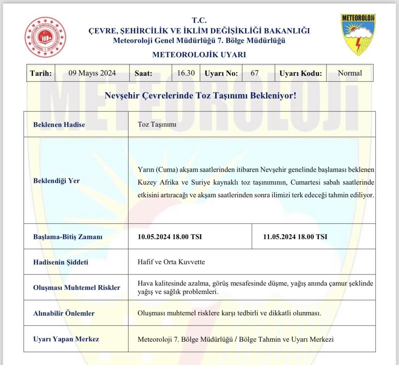 Toz Taşınımı Uyarısı