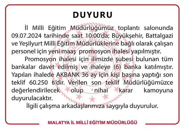 Malatya İl Milli Eğitim Müdürlüğü, Promosyon İhalesi Hakkında Duyuru Yaptı