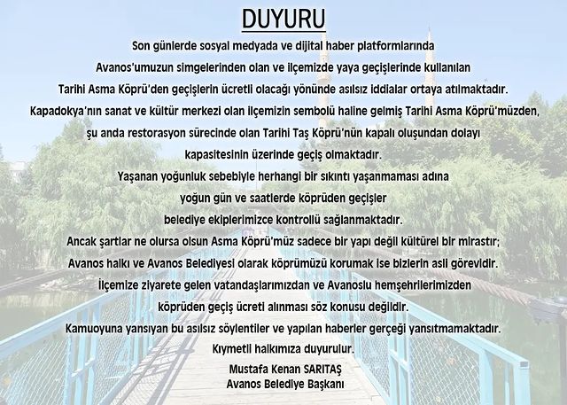 Avanos Tarihi Asma Köprü Ücretsiz Kalacak