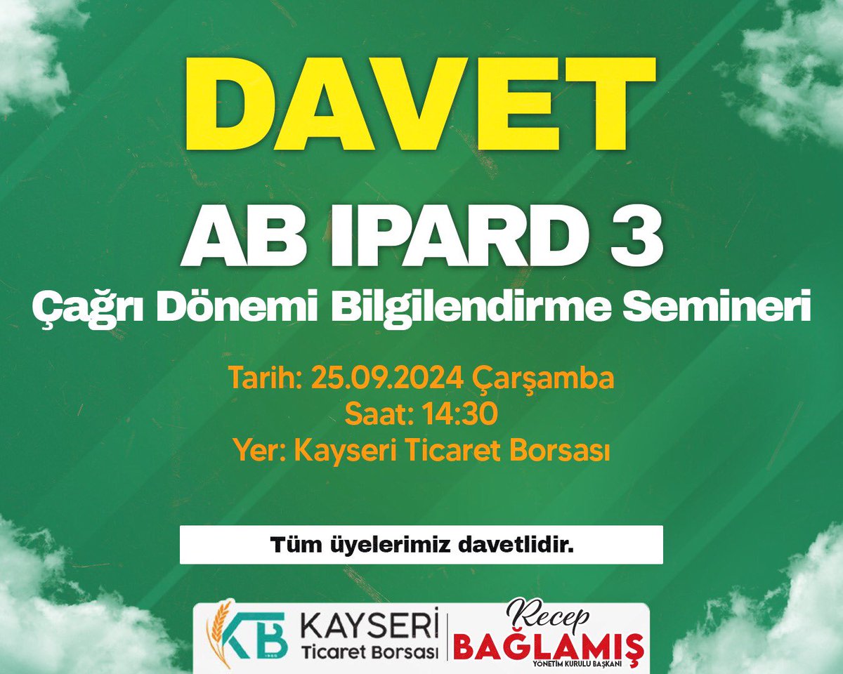 Kayseri Ticaret Borsası, IPARD III Programı Hakkında Bilgilendirme Semineri Düzenliyor