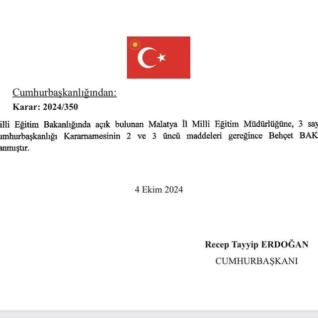 Cumhurbaşkanı Recep Tayyip Erdoğan'dan Malatya İl Milli Eğitim Müdürlüğü'ne Atama