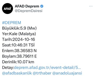 Kale merkezli 5.9 Şiddetindeki Deprem