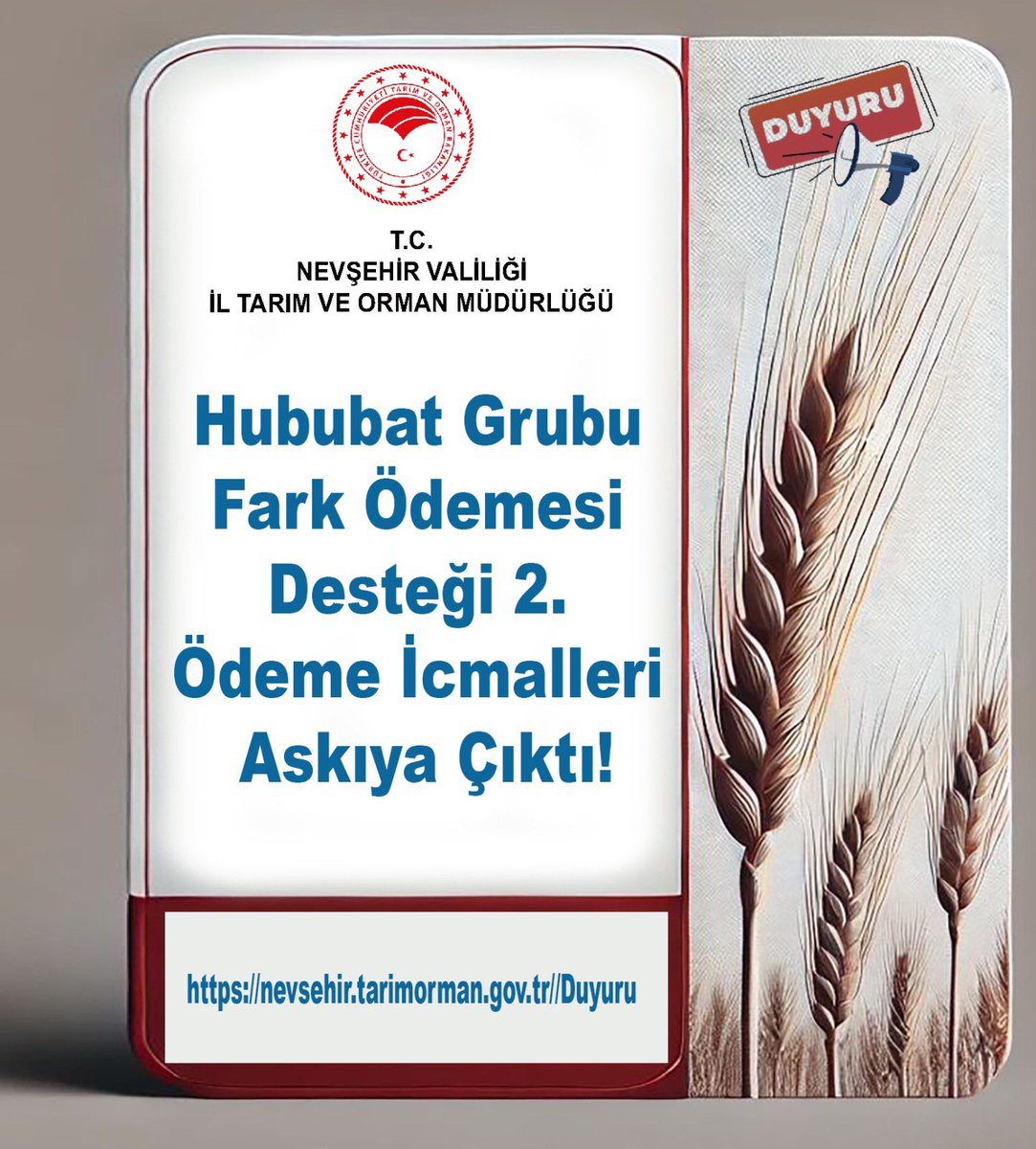 Nevşehir'de Hububat Grubu Fark Ödemesi Desteği Askıya Çıktı