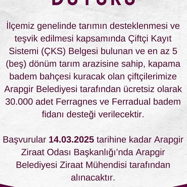 Arapgir Belediyesi, Kapama Badem Bahçeleri İçin Ücretsiz Fidan Desteği Veriyor