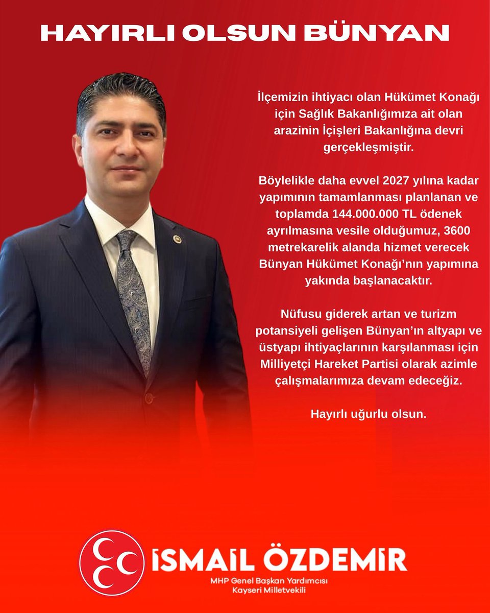Kayseri'nin Bünyan İlçesine Yeni Hükümet Konağı Yapımı Planlandı