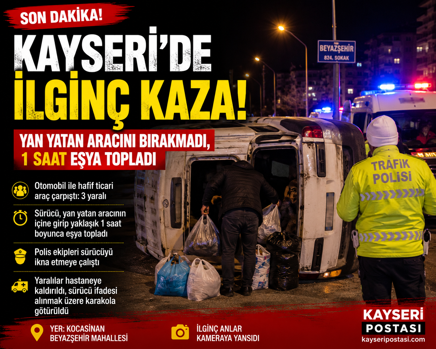 Kayseri'de İlginç Kaza! Yan Yatan Aracını Bırakmadı, 1 Saat Boyunca Eşya Topladı